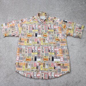 Columbia AOP Shirt Mens Medium Beige Fishing All Over Print Cotton S/S Button Up